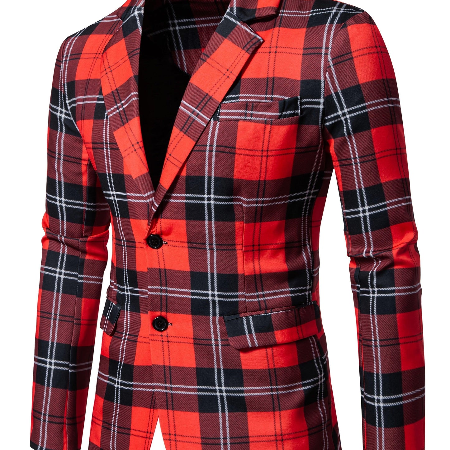 Men'S Stylish Red and Black Plaid Two-Button Long Sleeve Blazer - Casual, Non-Stretch Polyester, Single-Breasted with Flap Pockets, Perfect for Outdoor and Casual Attire, Casual Attire Blazer | Checkered Pattern Blazer | Poly