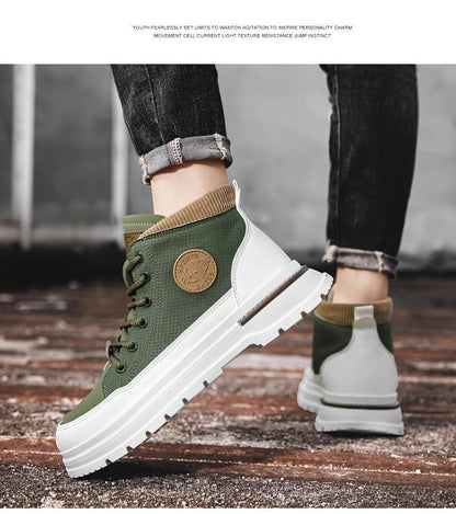 Men's Trendy High-Top Casual Sneakers - Olive Green & White Two-Tone Design, Lace-Up, Comfortable Fabric Lining, Durable PU Upper, Perfect for Casual Attire, Hiking Streetwear | Sporty Hightops | Textured Fabric Design