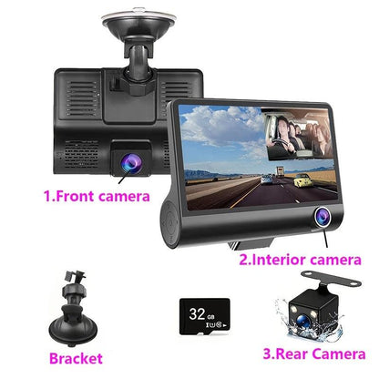 Dual Dash Cam Car Recorder with Front and Rear HD Night Vision, Built-in Interior Camera, Suction Mount, 720p Video, 30FPS, Push Button Control, 12-24V, Rechargeable Lithium Polymer Battery, Universal Driving Position, Compat