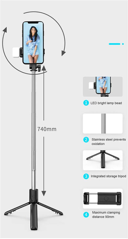 3 In 1 Selfie Stick Bluetooth Remote Tripod, Fill Light Foldable Bracket for Smartphones.