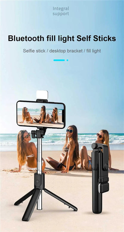 3 In 1 Selfie Stick Bluetooth Remote Tripod, Fill Light Foldable Bracket for Smartphones.