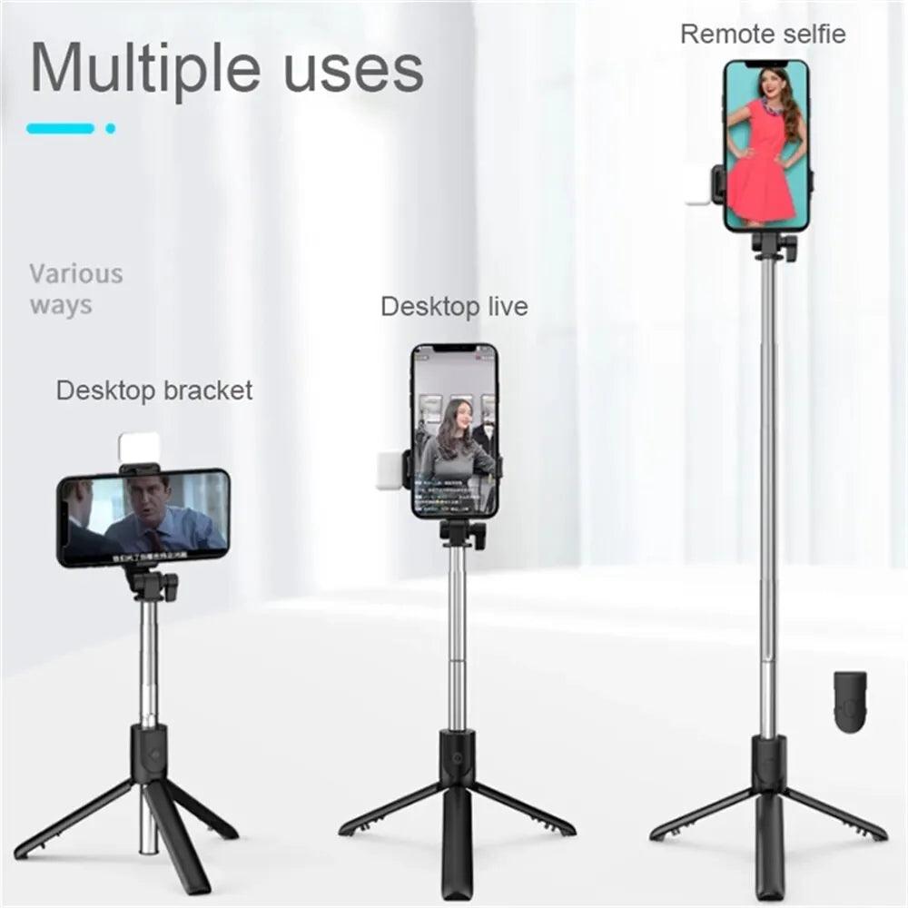 3 In 1 Selfie Stick Bluetooth Remote Tripod, Fill Light Foldable Bracket for Smartphones.