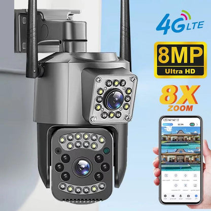 Dual Lens 4G IP Camera 8MP WiFi Camera Wireless Full Color Night Vision 8X Digital Zoom CCTV Outdoor Surveillance Waterproof Cam