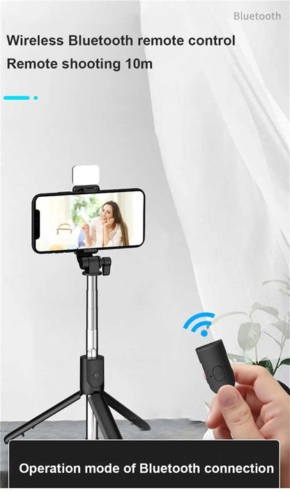 3 In 1 Selfie Stick Bluetooth Remote Tripod, Fill Light Foldable Bracket for Smartphones.