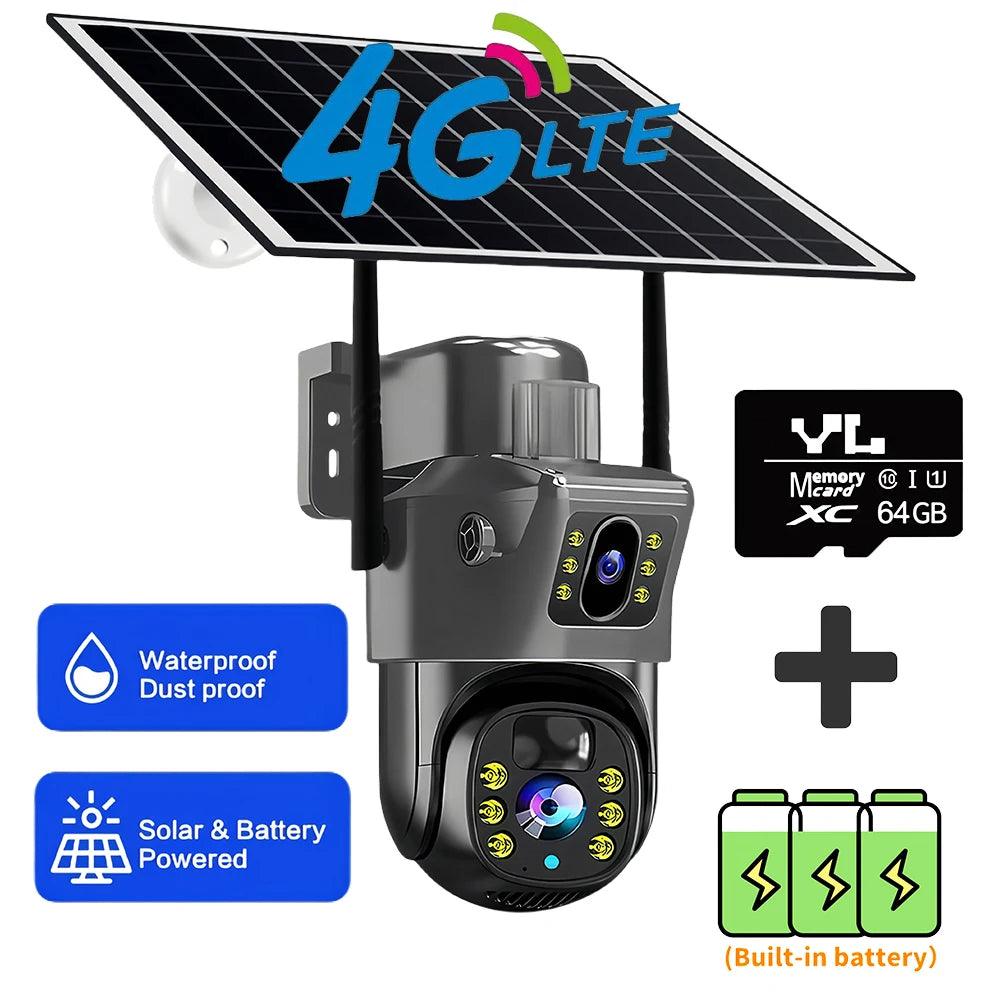 New Outdoor 4K 8MP Wireless Solar Camera 4G Sim Dual Lens Wifi IP PIR HD Night Vision Camera V380Pro PTZ Security CCTV Monitor