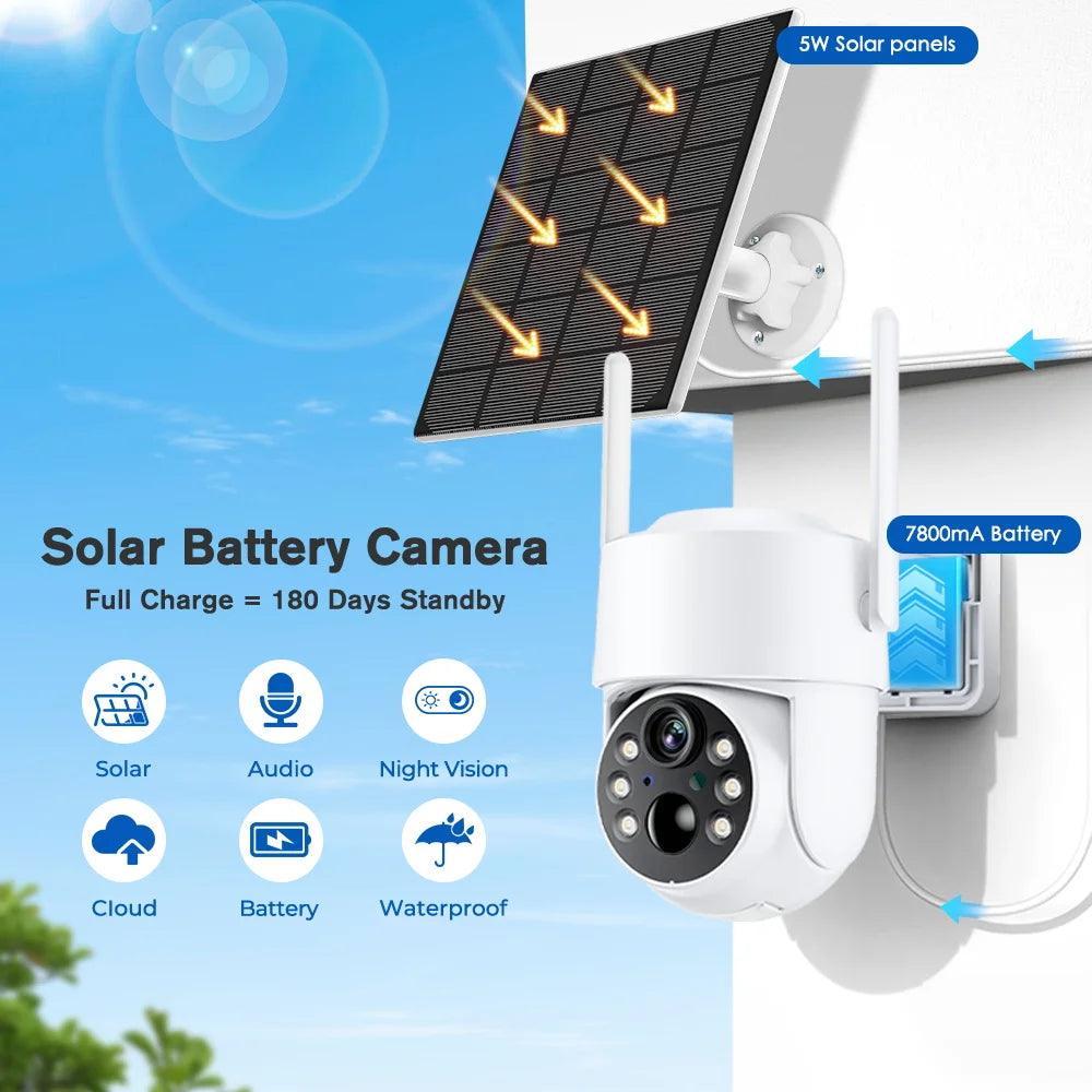 New WiFi PTZ Camera Outdoor Wireless Solar IP Camera 4MP HD Built-in Battery Video Surveillance Camera Long Time Standby iCsee