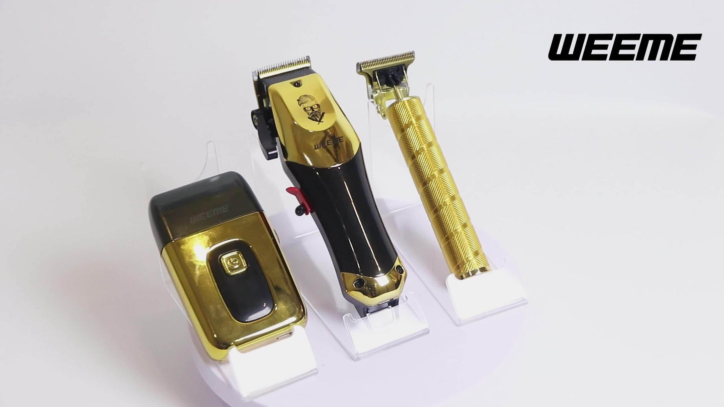 WEEME Golden Hair Cutting Three-Piece Set, Men'S Grooming Kit, Barber'S Haircutting Set, Valentine'S Day Gift Box. USB Rechargeable, LCD Display. Includes 1 Black And Golden Professional Hair Clipper + 1 Golden Men'S Razor +