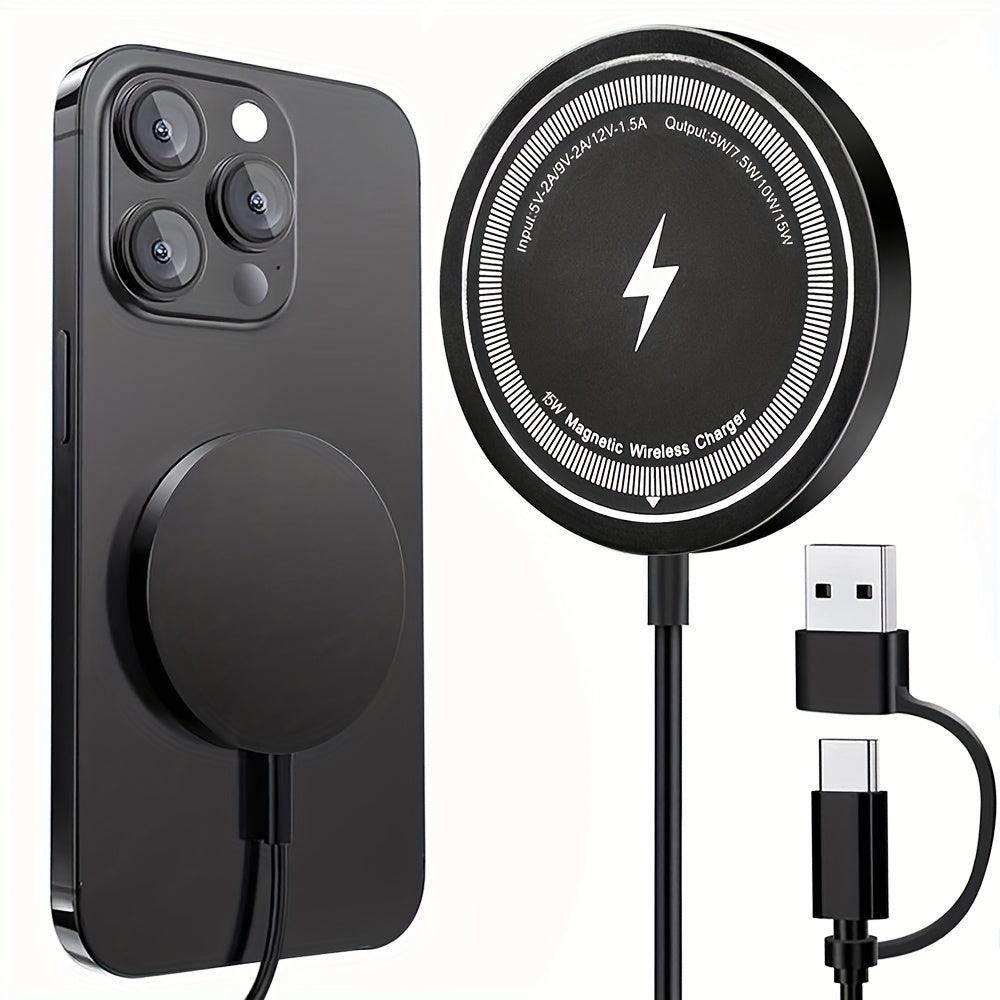 Magnetic Wireless Charger Pad 15W Fast-Charging - MagSafe Compatible, Dual Input USB-C/A, Intelligent Overcharge Protection - for iPhone 16/15/14/13/12/11, Pro Max/Mini & Airpods, Sleek Black Design