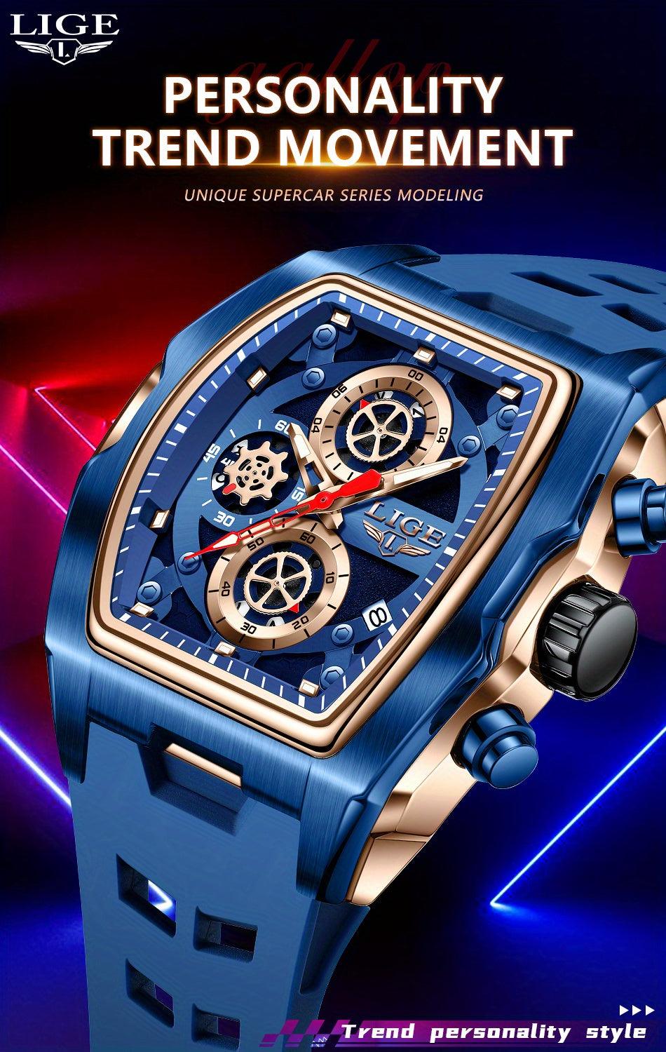 LIGE Men's Blue & Rose Golden Quartz Watch - Business Sports Chronograph with Luminous Hands, Calendar Feature, Silicone Strap, and Hexagonal Case Design