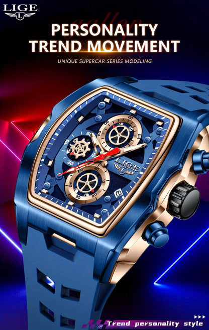 LIGE Men's Blue & Rose Golden Quartz Watch - Business Sports Chronograph with Luminous Hands, Calendar Feature, Silicone Strap, and Hexagonal Case Design