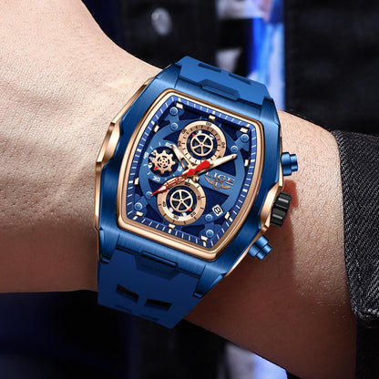 LIGE Men's Blue & Rose Golden Quartz Watch - Business Sports Chronograph with Luminous Hands, Calendar Feature, Silicone Strap, and Hexagonal Case Design