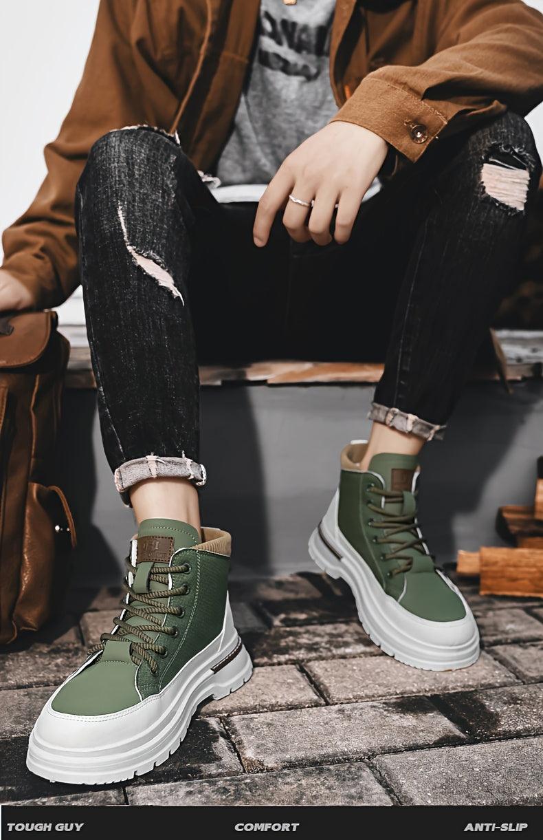 Men's Trendy High-Top Casual Sneakers - Olive Green & White Two-Tone Design, Lace-Up, Comfortable Fabric Lining, Durable PU Upper, Perfect for Casual Attire, Hiking Streetwear | Sporty Hightops | Textured Fabric Design