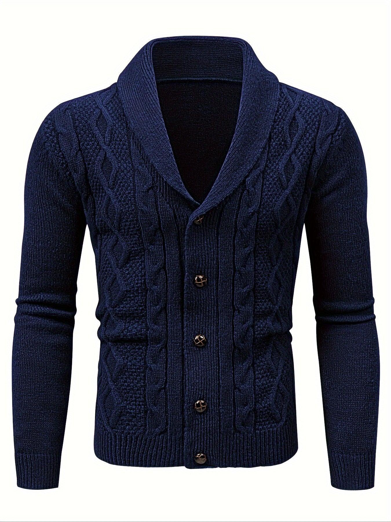 Men'S Casual Long Sleeve Cardigan Sweater with Button Detail, Polyester 100%, Knit Fabric, Solid Color, Regular Fit, Lapel Collar, Medium Stretch, for Fall/Winter - Genghis Khan Collection