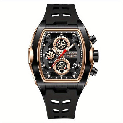 LIGE Men's Blue & Rose Golden Quartz Watch - Business Sports Chronograph with Luminous Hands, Calendar Feature, Silicone Strap, and Hexagonal Case Design