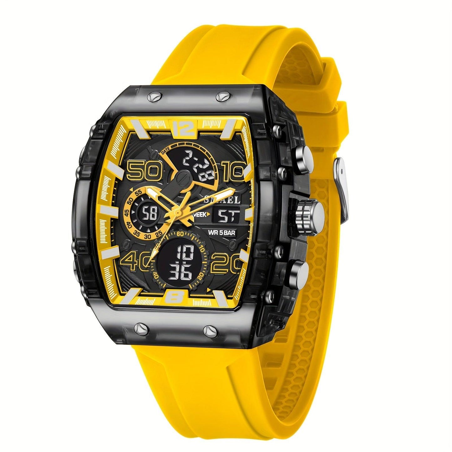 Smael8109 Men's Sports Electronic Watch - Yellow TPU Strap, Black Barrel-Shaped Case, Date/Time/Alarm Clock Functions, Stopwatch, Battery Operated, Casual Wristwatch|Sleek Watch|TPU Strap Watch, Watch Accessories