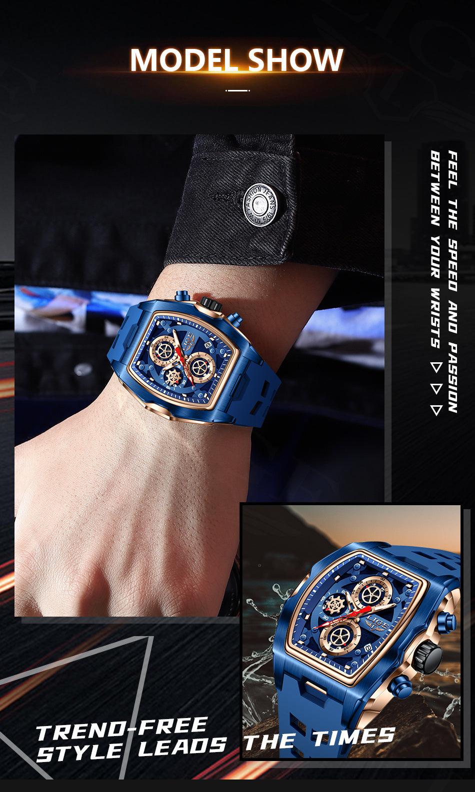 LIGE Men's Blue & Rose Golden Quartz Watch - Business Sports Chronograph with Luminous Hands, Calendar Feature, Silicone Strap, and Hexagonal Case Design