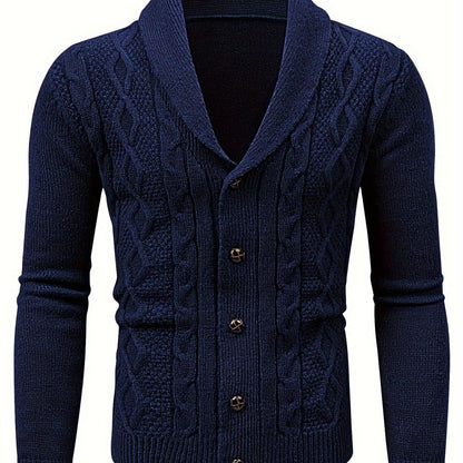 Men'S Casual Long Sleeve Cardigan Sweater with Button Detail, Polyester 100%, Knit Fabric, Solid Color, Regular Fit, Lapel Collar, Medium Stretch, for Fall/Winter - Genghis Khan Collection