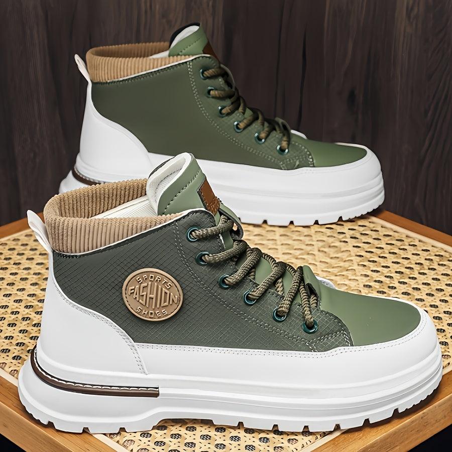 Men's Trendy High-Top Casual Sneakers - Olive Green & White Two-Tone Design, Lace-Up, Comfortable Fabric Lining, Durable PU Upper, Perfect for Casual Attire, Hiking Streetwear | Sporty Hightops | Textured Fabric Design