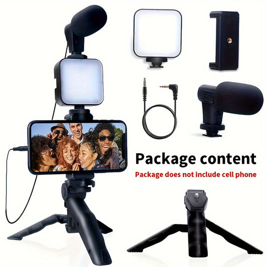 Battery-Powered LED Light Tripod Vlogging Kit - Smartphone Holder, Mini Shotgun Microphone for iPhone & Android, for Outdoor Live Streaming & Video Blogging - No Battery Included