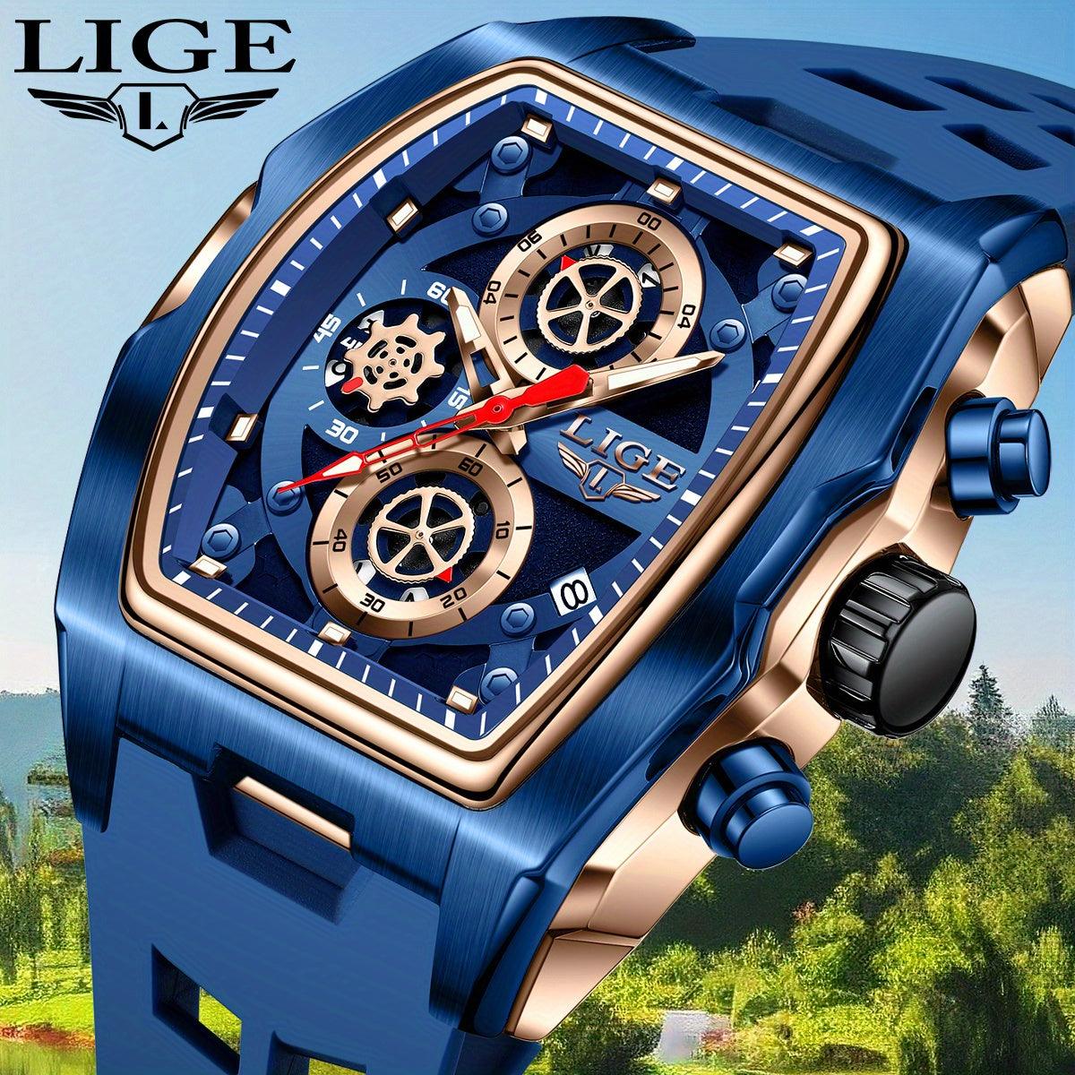 LIGE Men's Blue & Rose Golden Quartz Watch - Business Sports Chronograph with Luminous Hands, Calendar Feature, Silicone Strap, and Hexagonal Case Design