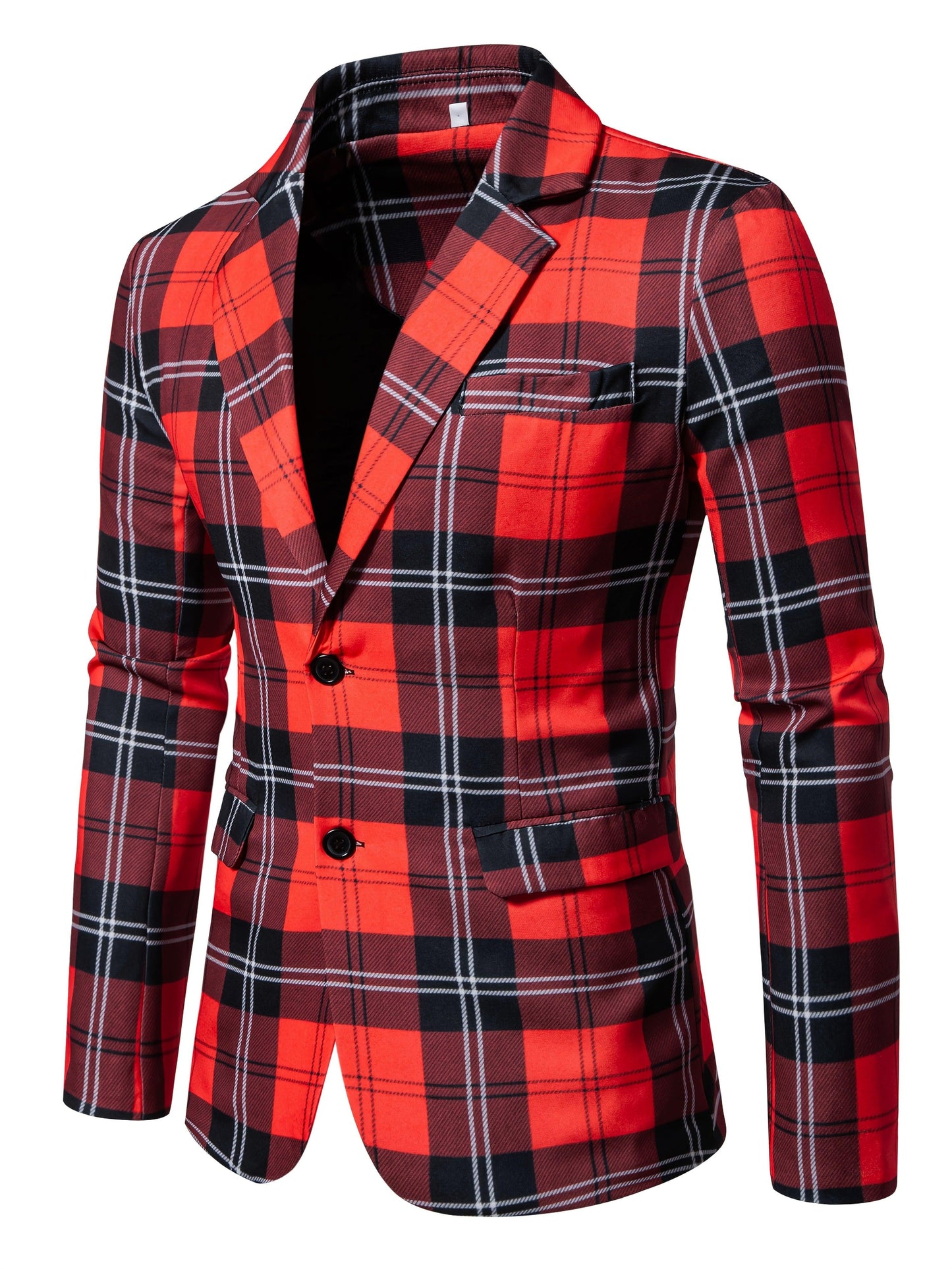 Men'S Stylish Red and Black Plaid Two-Button Long Sleeve Blazer - Casual, Non-Stretch Polyester, Single-Breasted with Flap Pockets, Perfect for Outdoor and Casual Attire, Casual Attire Blazer | Checkered Pattern Blazer | Poly