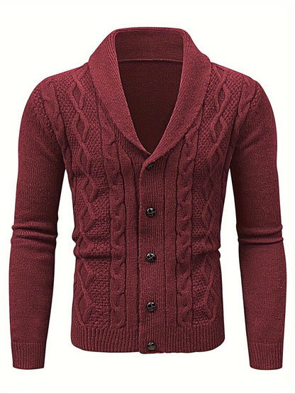 Men'S Casual Long Sleeve Cardigan Sweater with Button Detail, Polyester 100%, Knit Fabric, Solid Color, Regular Fit, Lapel Collar, Medium Stretch, for Fall/Winter - Genghis Khan Collection