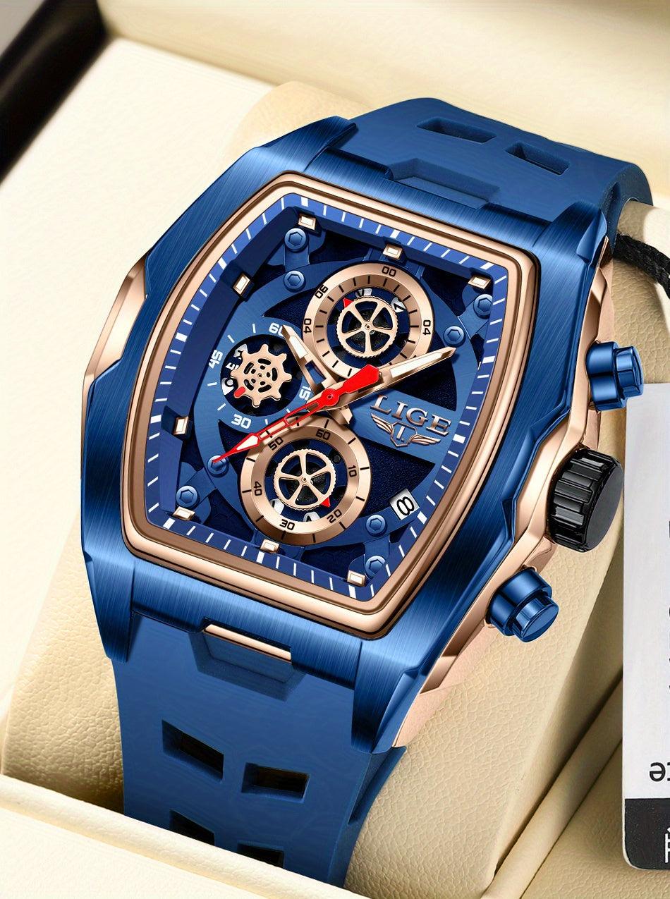 LIGE Men's Blue & Rose Golden Quartz Watch - Business Sports Chronograph with Luminous Hands, Calendar Feature, Silicone Strap, and Hexagonal Case Design