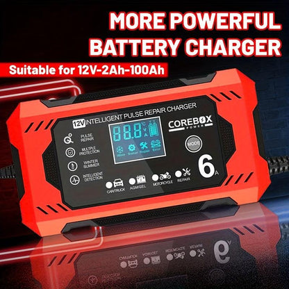 COREBOX 12V 6A Smart Battery Charger with LCD Display - Versatile Lead-Acid Trickle Charger for Cars, Trucks, Motorcycles, Lawn Mowers, and Marine Vehicles - Features Overcharge, Short Circuit, and Polarity Protection, Portab