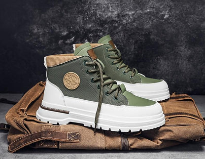 Men's Trendy High-Top Casual Sneakers - Olive Green & White Two-Tone Design, Lace-Up, Comfortable Fabric Lining, Durable PU Upper, Perfect for Casual Attire, Hiking Streetwear | Sporty Hightops | Textured Fabric Design