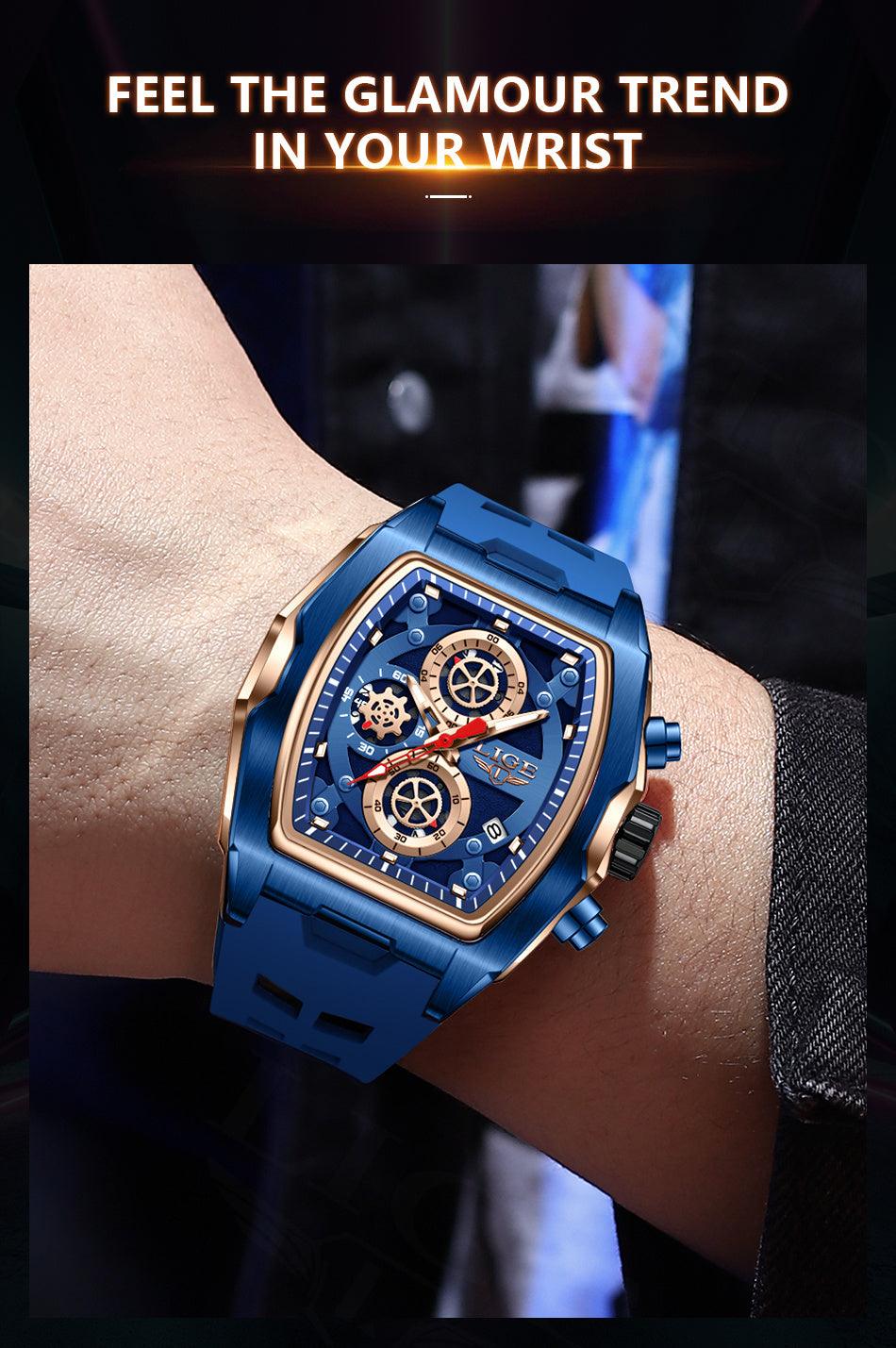 LIGE Men's Blue & Rose Golden Quartz Watch - Business Sports Chronograph with Luminous Hands, Calendar Feature, Silicone Strap, and Hexagonal Case Design