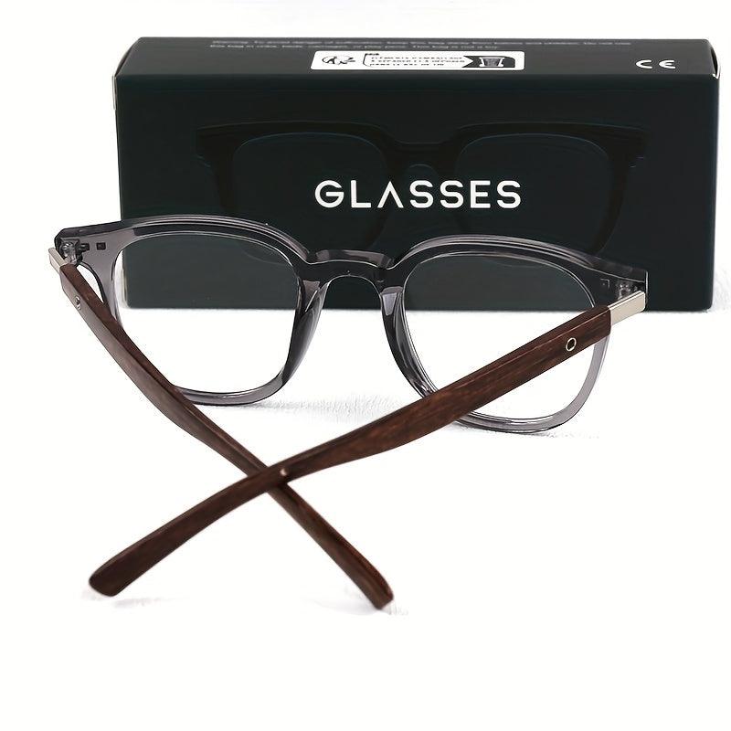 Retro Square Plano Glasses with Faux Wood Grain Temples - Blue Light Blocking, for School & Business, Includes Anti-Fog Cloth