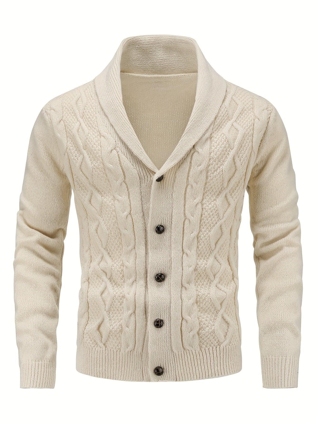 Men'S Casual Long Sleeve Cardigan Sweater with Button Detail, Polyester 100%, Knit Fabric, Solid Color, Regular Fit, Lapel Collar, Medium Stretch, for Fall/Winter - Genghis Khan Collection