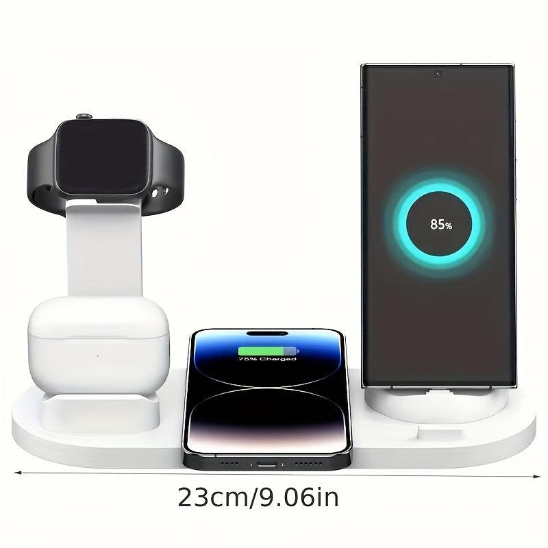 6-in-1 15W Wireless Charger for Fast Charging Is Suitable for IPhone/iWatch/AirPods, Which Can Charge 4 Phones and One Earphone Simultaneously. There Is A Stand with Watch Charging, Made of ABS, Suitable for Desktop Work, Lea