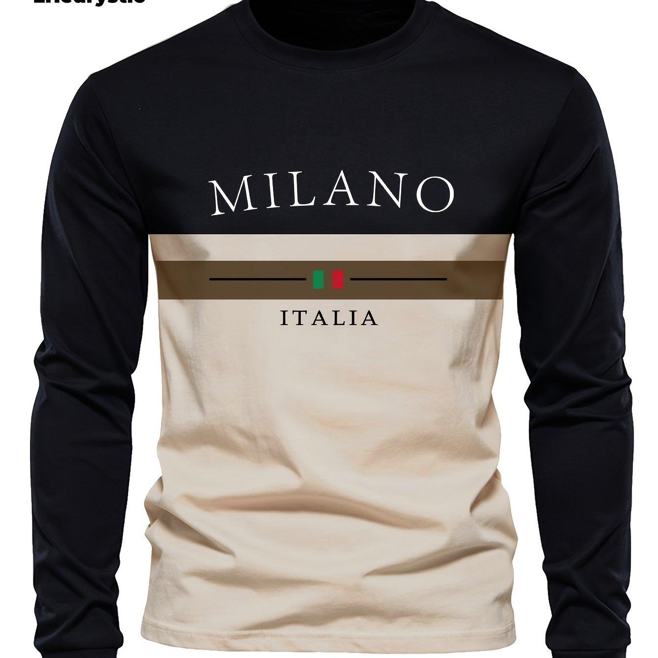 LHeurystic Men's Milano Italia Graphic Long Sleeve Crew Neck T-Shirt Polyester Spandex Blend Casual Sportswear Knit Medium Stretch Regular Fit Tee for Fall/Winter