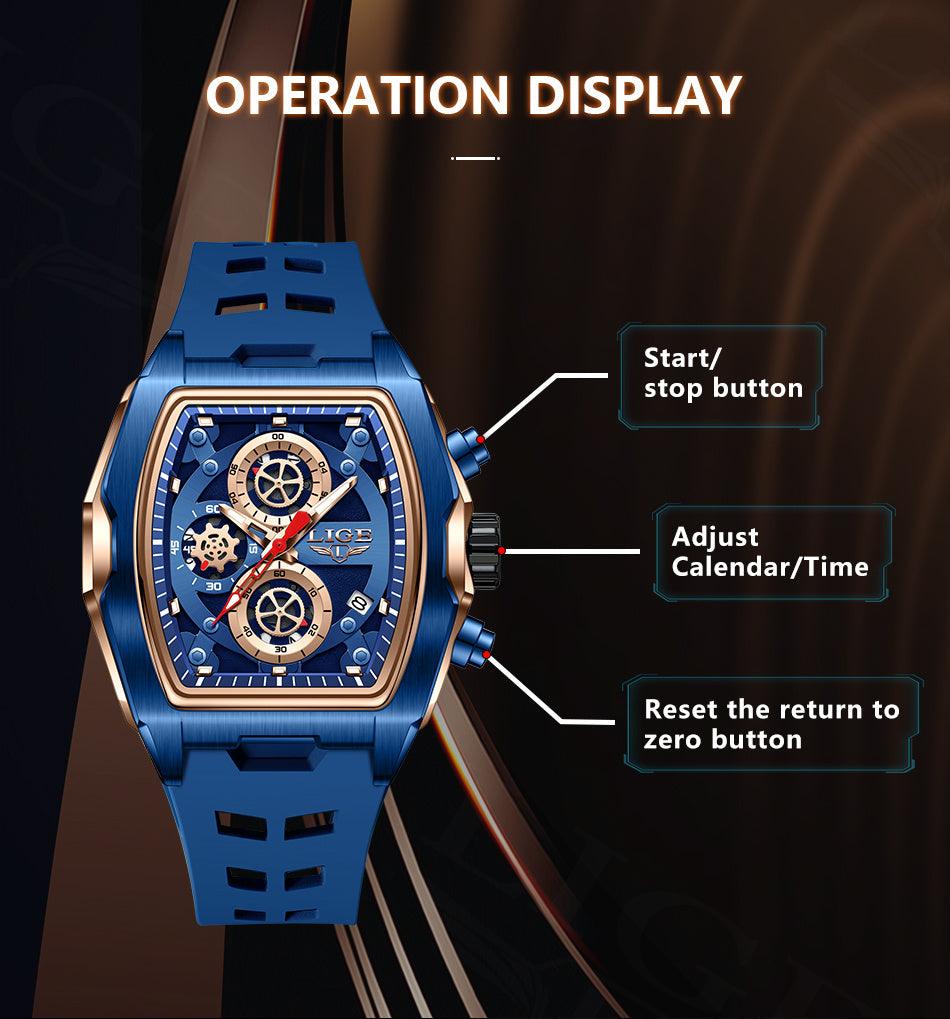 LIGE Men's Blue & Rose Golden Quartz Watch - Business Sports Chronograph with Luminous Hands, Calendar Feature, Silicone Strap, and Hexagonal Case Design