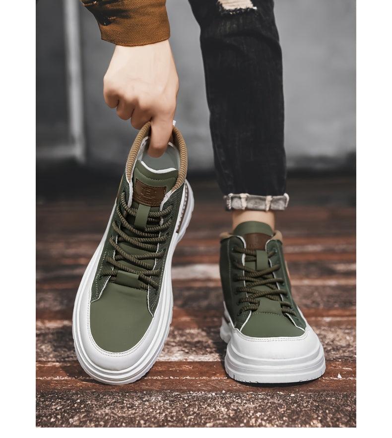 Men's Trendy High-Top Casual Sneakers - Olive Green & White Two-Tone Design, Lace-Up, Comfortable Fabric Lining, Durable PU Upper, Perfect for Casual Attire, Hiking Streetwear | Sporty Hightops | Textured Fabric Design