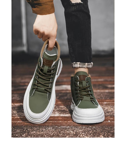 Men's Trendy High-Top Casual Sneakers - Olive Green & White Two-Tone Design, Lace-Up, Comfortable Fabric Lining, Durable PU Upper, Perfect for Casual Attire, Hiking Streetwear | Sporty Hightops | Textured Fabric Design