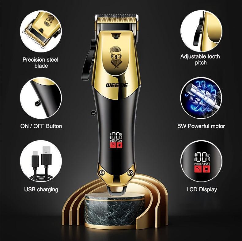 WEEME Golden Hair Cutting Three-Piece Set, Men'S Grooming Kit, Barber'S Haircutting Set, Valentine'S Day Gift Box. USB Rechargeable, LCD Display. Includes 1 Black And Golden Professional Hair Clipper + 1 Golden Men'S Razor +