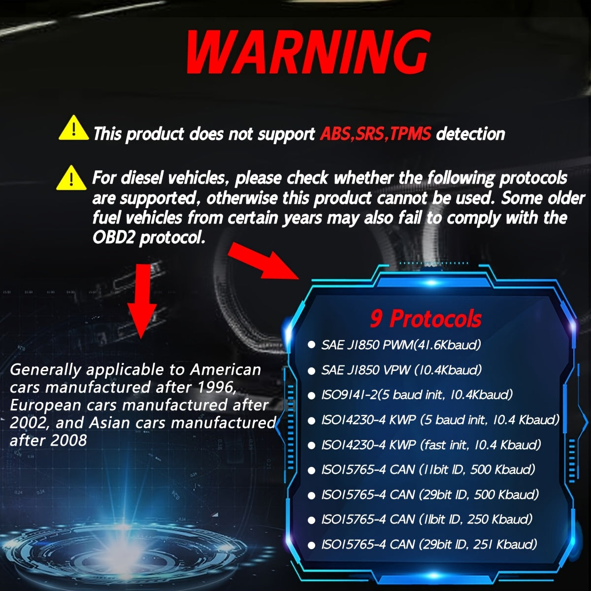 OBD2 Car Diagnostic Scanner - Engine Fault Code Reader, USB Powered, Compatible with All Vehicles Since 1996