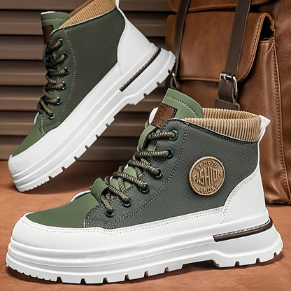 Men's Trendy High-Top Casual Sneakers - Olive Green & White Two-Tone Design, Lace-Up, Comfortable Fabric Lining, Durable PU Upper, Perfect for Casual Attire, Hiking Streetwear | Sporty Hightops | Textured Fabric Design