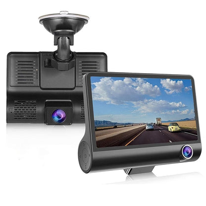 Dual Dash Cam Car Recorder with Front and Rear HD Night Vision, Built-in Interior Camera, Suction Mount, 720p Video, 30FPS, Push Button Control, 12-24V, Rechargeable Lithium Polymer Battery, Universal Driving Position, Compat