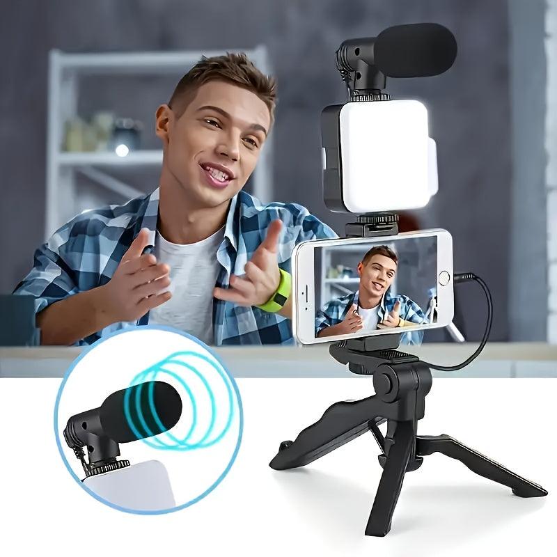 Battery-Powered LED Light Tripod Vlogging Kit - Smartphone Holder, Mini Shotgun Microphone for iPhone & Android, for Outdoor Live Streaming & Video Blogging - No Battery Included