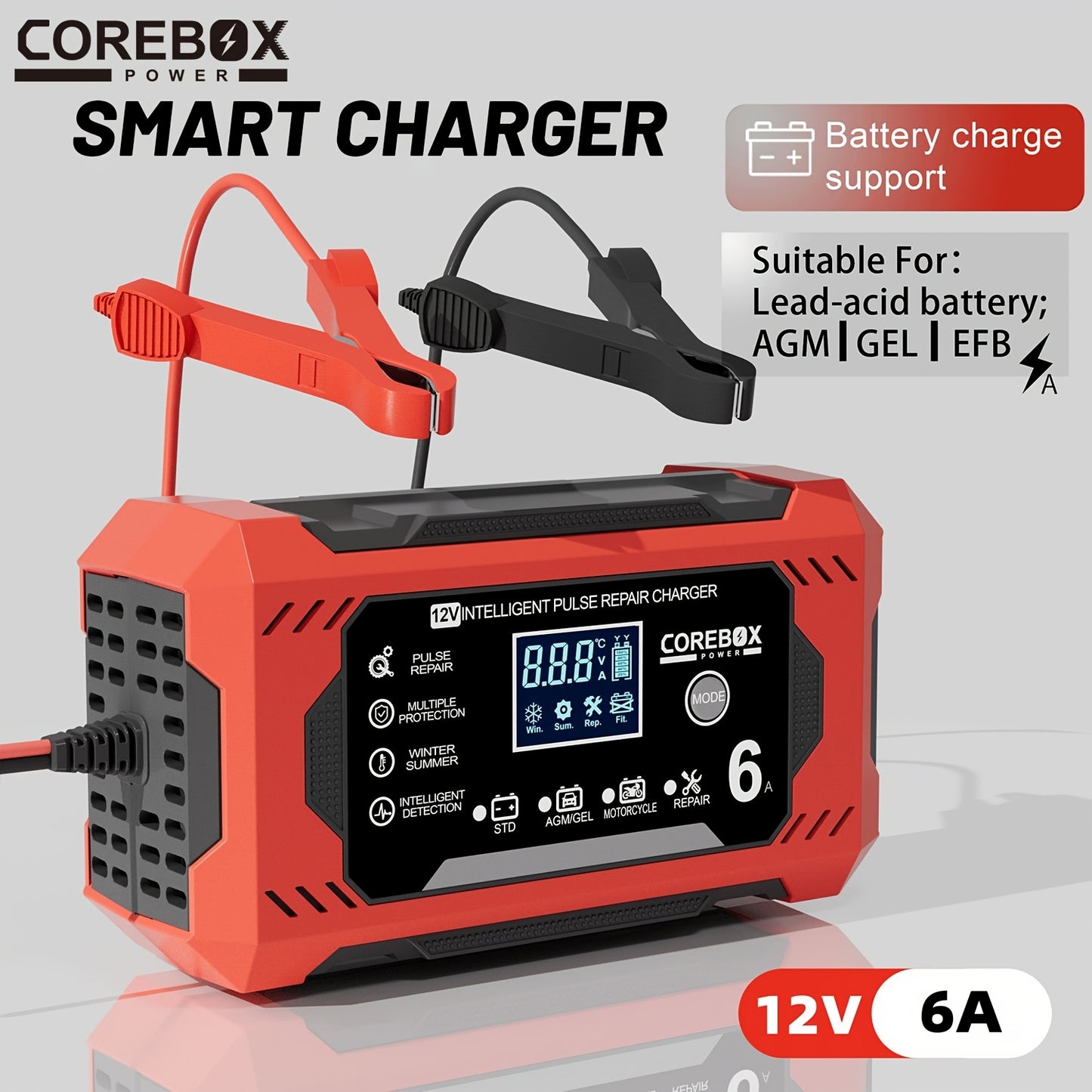 COREBOX 12V 6A Smart Battery Charger with LCD Display - Versatile Lead-Acid Trickle Charger for Cars, Trucks, Motorcycles, Lawn Mowers, and Marine Vehicles - Features Overcharge, Short Circuit, and Polarity Protection, Portab