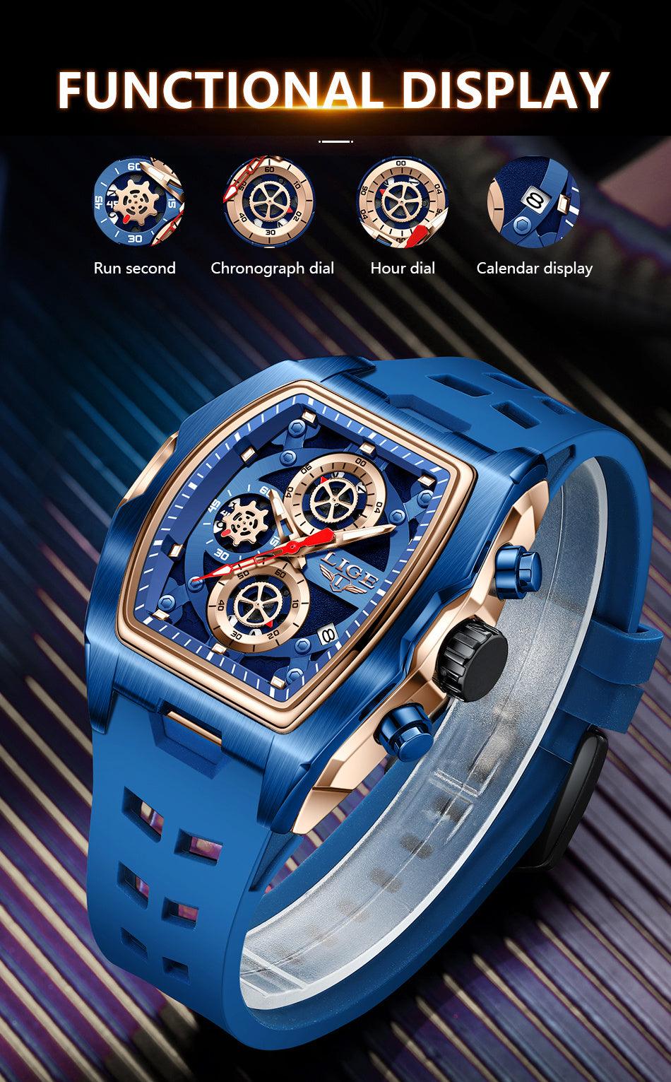 LIGE Men's Blue & Rose Golden Quartz Watch - Business Sports Chronograph with Luminous Hands, Calendar Feature, Silicone Strap, and Hexagonal Case Design