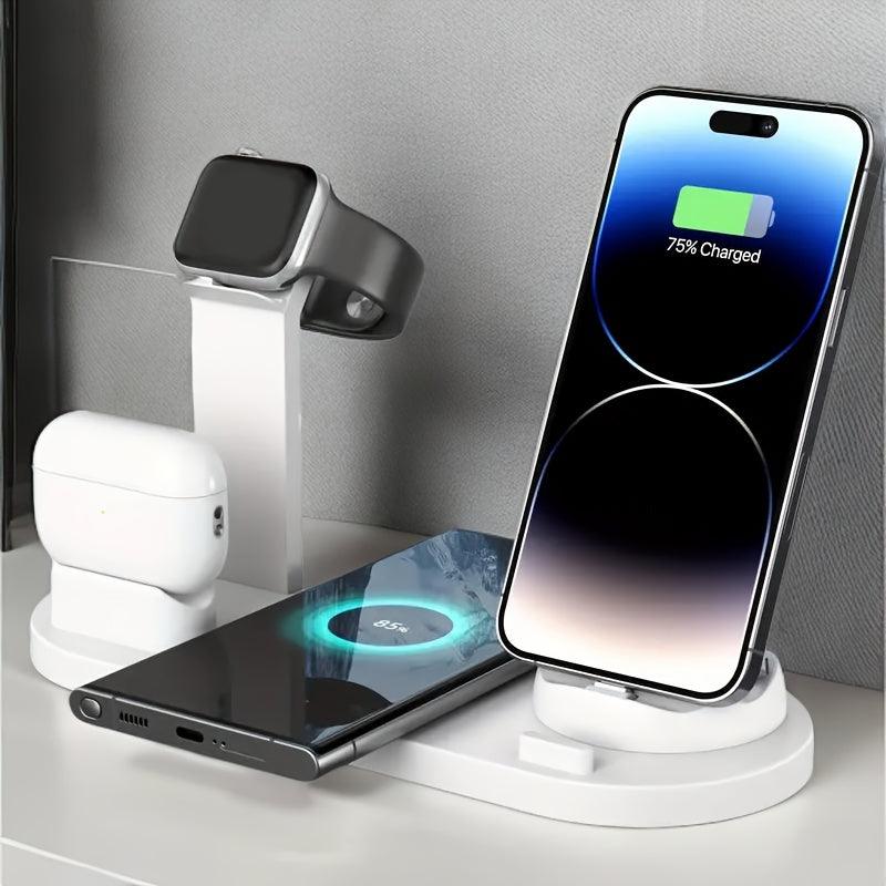 6-in-1 15W Wireless Charger for Fast Charging Is Suitable for IPhone/iWatch/AirPods, Which Can Charge 4 Phones and One Earphone Simultaneously. There Is A Stand with Watch Charging, Made of ABS, Suitable for Desktop Work, Lea