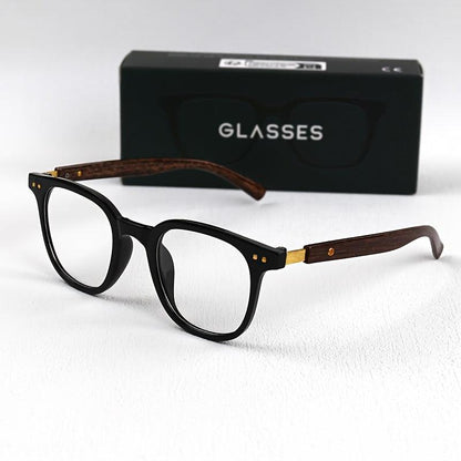 Retro Square Plano Glasses with Faux Wood Grain Temples - Blue Light Blocking, for School & Business, Includes Anti-Fog Cloth