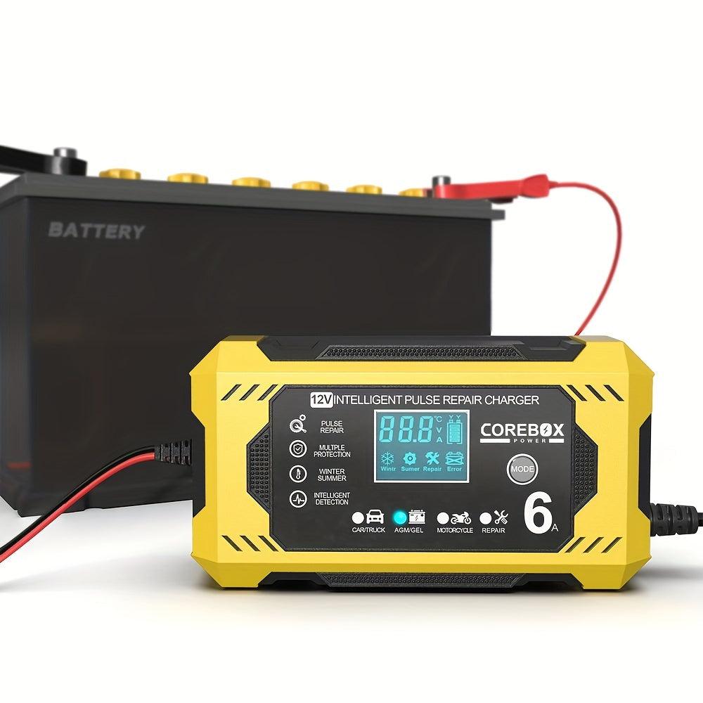 COREBOX 12V 6A Smart Battery Charger with LCD Display - Versatile Lead-Acid Trickle Charger for Cars, Trucks, Motorcycles, Lawn Mowers, and Marine Vehicles - Features Overcharge, Short Circuit, and Polarity Protection, Portab