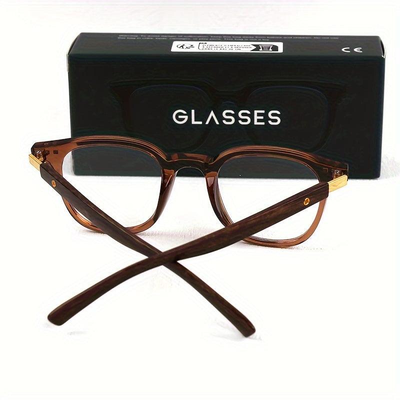 Retro Square Plano Glasses with Faux Wood Grain Temples - Blue Light Blocking, for School & Business, Includes Anti-Fog Cloth