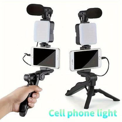 Battery-Powered LED Light Tripod Vlogging Kit - Smartphone Holder, Mini Shotgun Microphone for iPhone & Android, for Outdoor Live Streaming & Video Blogging - No Battery Included