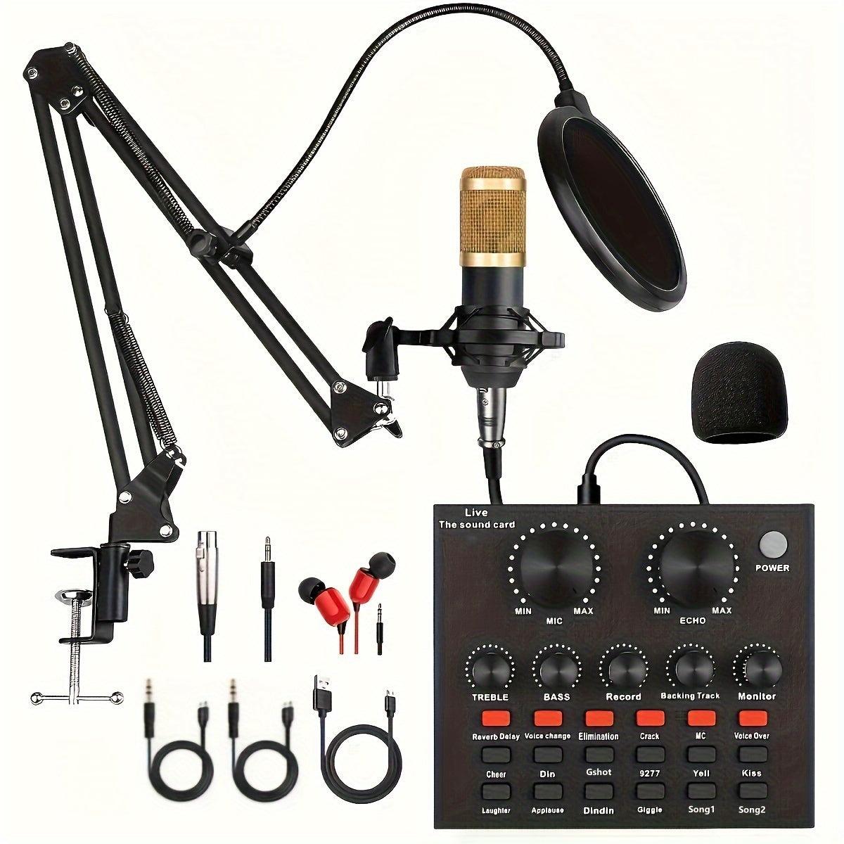 USB/Battery Powered BM800 Condenser Microphone 1pc, V8s Audio Interface with All-in-One Live Sound Card, 3.5mm Jack Connector, Volume Control, Rechargeable Lithium Battery, PP Material, for Recording, Broadcasting, Live Strea